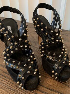Black Velvet & Patent Leather Gold Studded Heels by Brian Atwood